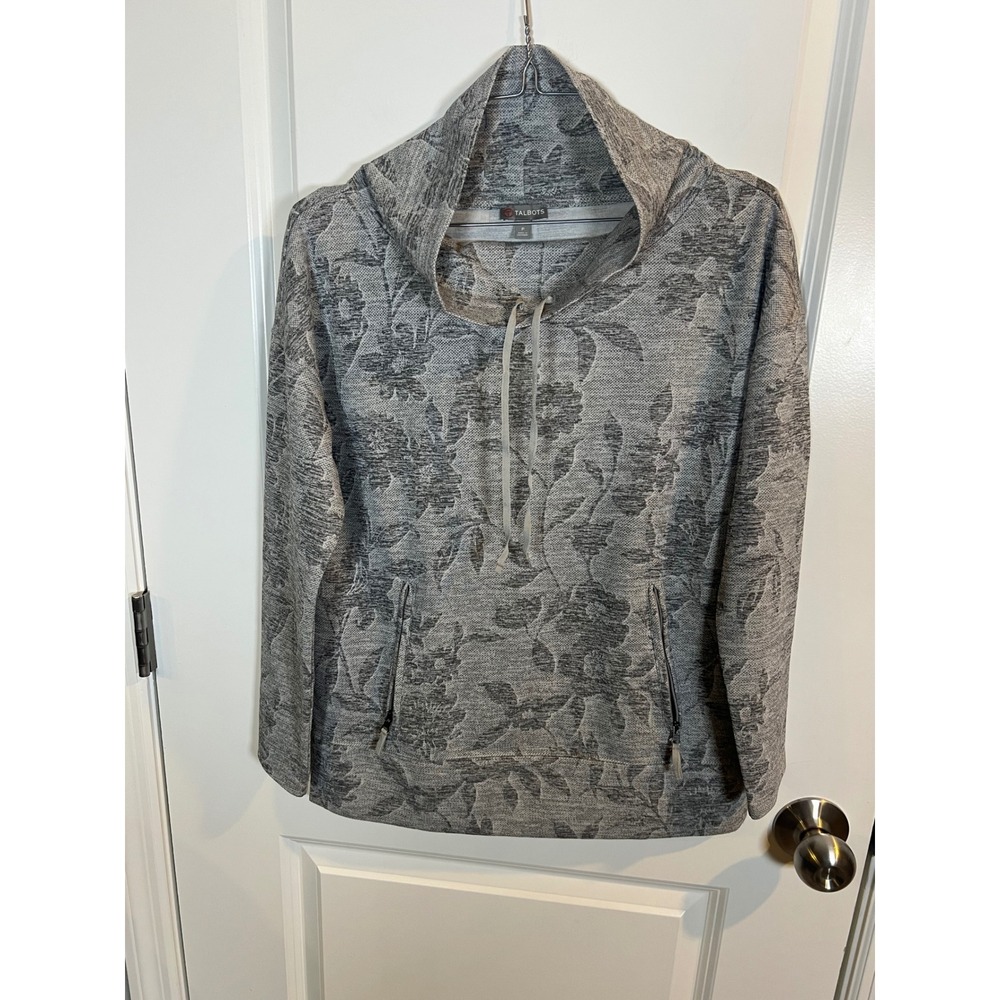 Talbots Womens Hoodie Floral Jacquard Grey Petite P